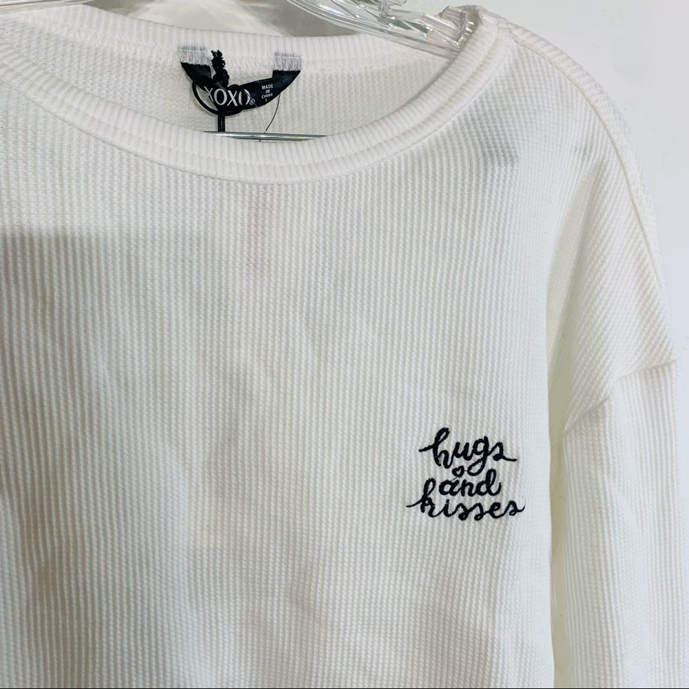 XOXO Hugs and kisses white waffle knit long sleeve T-shirt New with tags